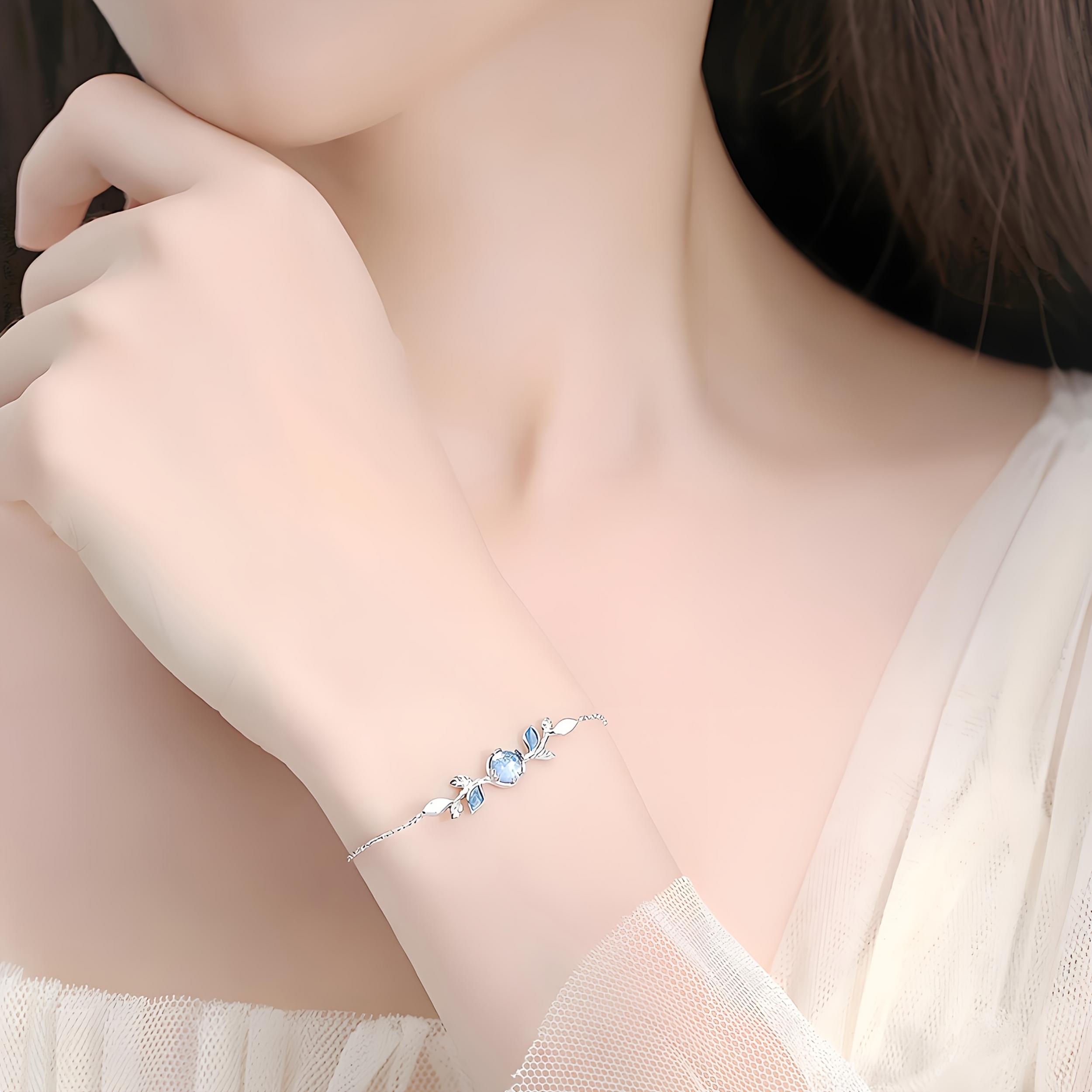 Moonstone Jewelry Set: Necklace, Ring, Bracelet, Leaf Design, 925 Silver Plated